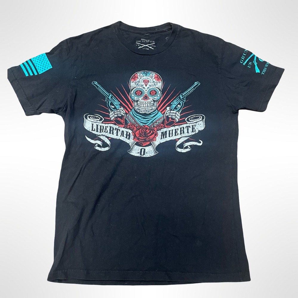 Grunt Style Libertad Muerte Sugar Skull Graphic Tee Black Teal Red Medium - Picture 2 of 5